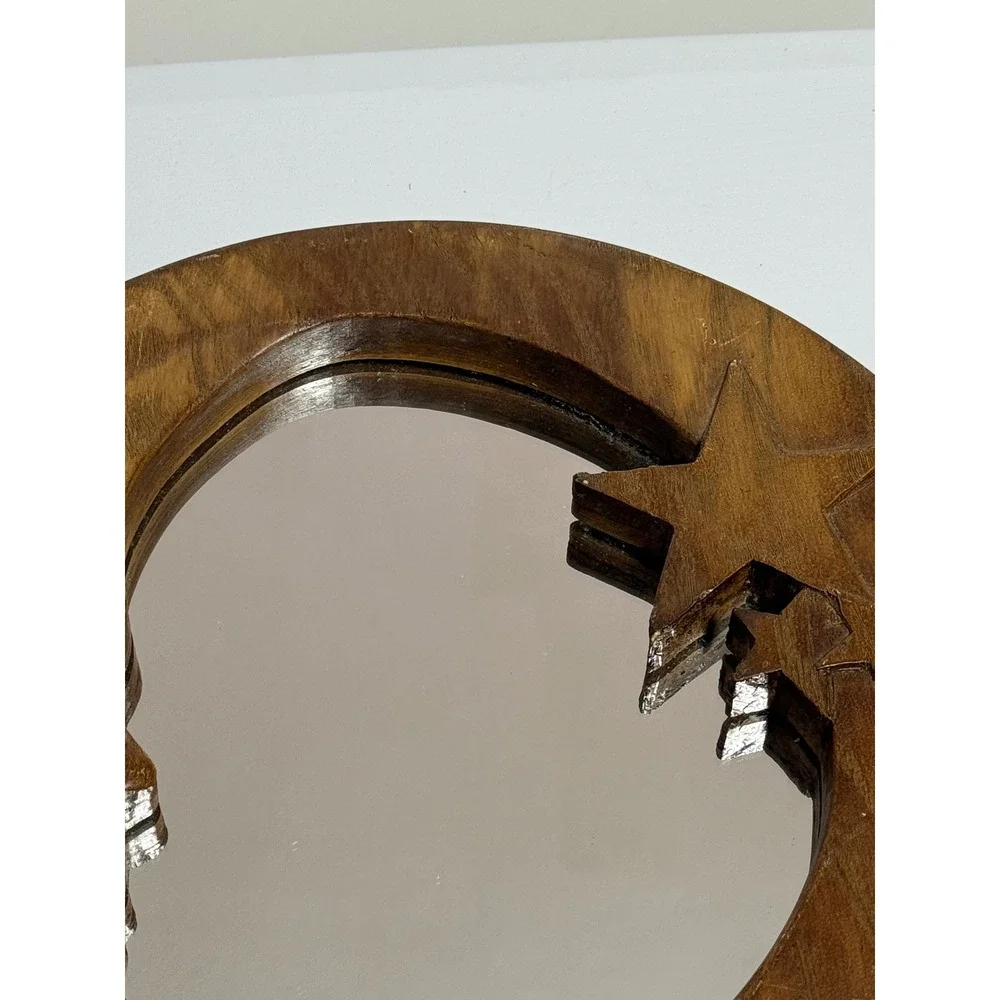 VTG Celestial Moon and Stars Round Wood Wall‎ Mirror Boho Whimsical 12